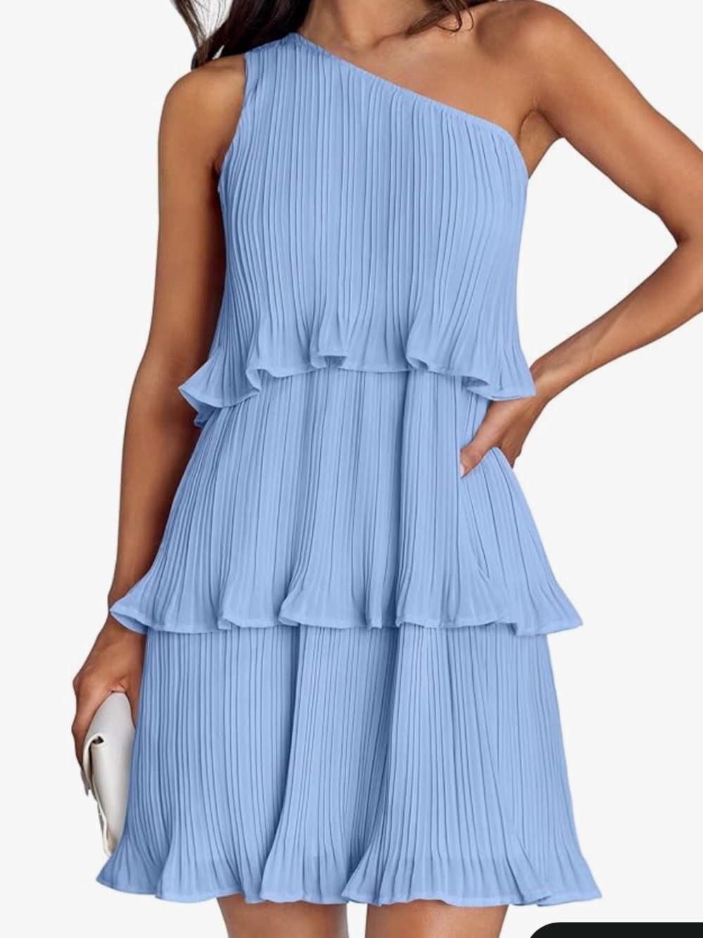 One-Shoulder Blue Tiered Pleated Dress- unbranded- M EUC-wedding, summer, shower